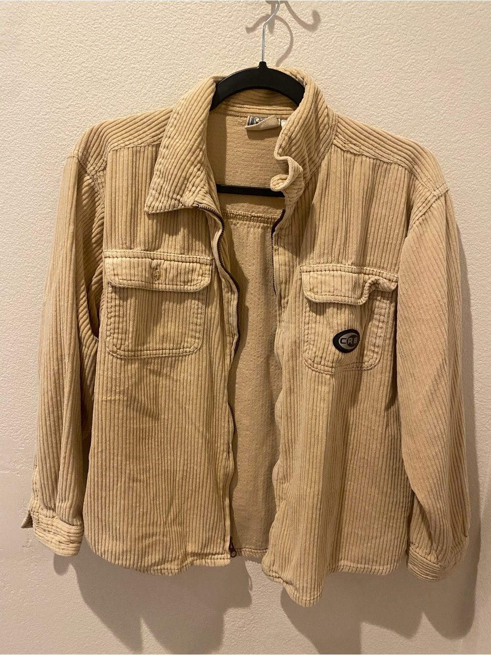 Corduroy Zip Jacket in Beige with Chest Patch